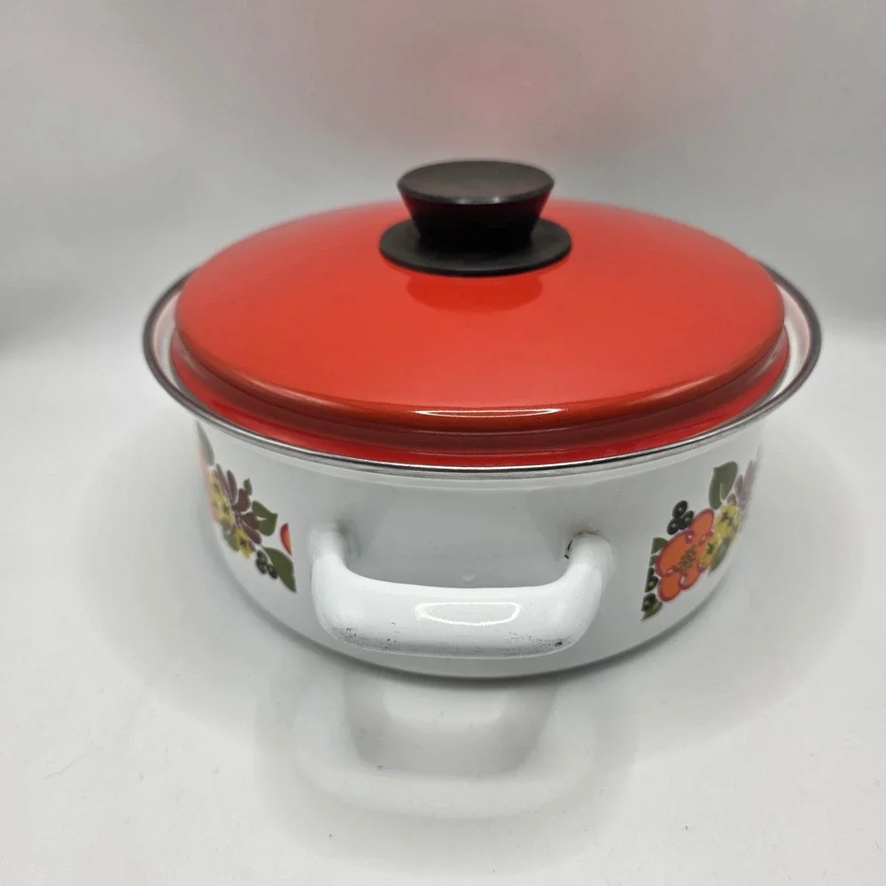 Austria Email Casserole Pot Vintage‎ White Orange Floral Enamelware MCM Cookware